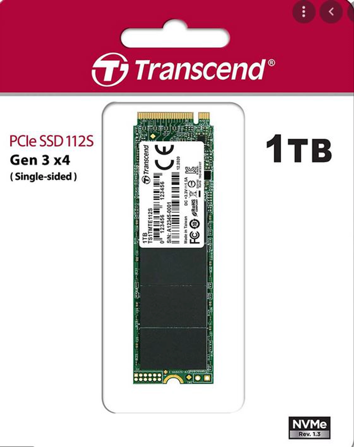 Transcend 1TB MTE112S NVMe PCIe M.2 SSD Gen 3 x4 2280 M-key, 3D
